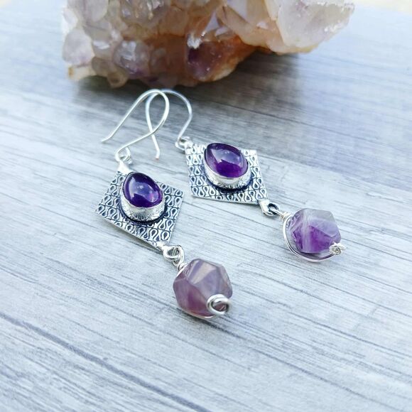 Amethyst Gemstone Dangle Earrings, Artisan Boho Chic Statement 3" - Picture 5 of 6